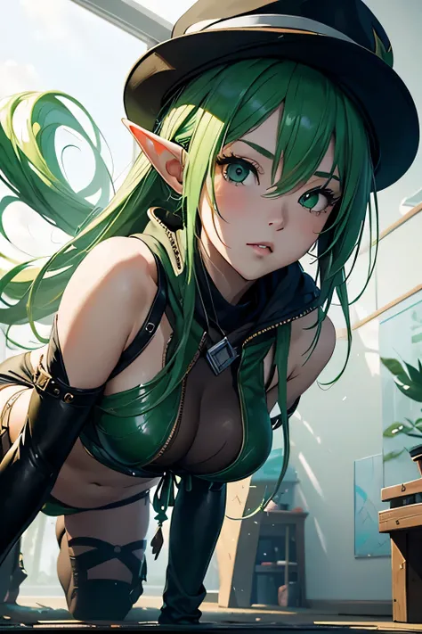 masterpiece, A girl with green hair and a green hat stands in the room, splash art, style art buds, elf girl, Renji Murata and Art Germ, Very warm, Bibby, art gelm style, style league of legends, Ruan Jia and Artgerm, art gelm style, ! dream art germ、Corre...