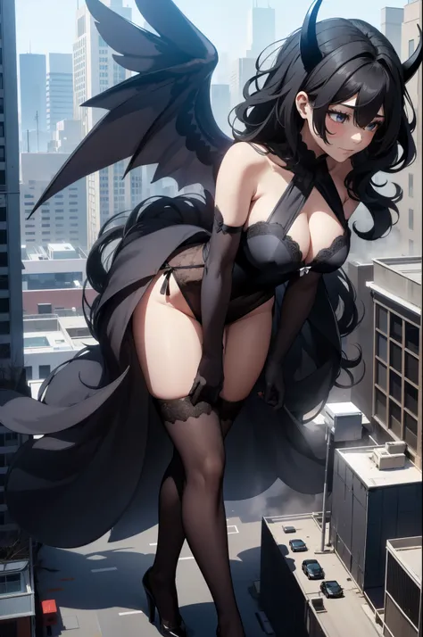 Aerial View，giant girl 50,000 feet high，Weight 1000kg，Have a pair of long legs，Has a pair of huge black angel wings，With huge devil horns on his head，Has waist-length black hair，loose hair，Big black wavy curls，Wearing a pair of black Mary Jane high heels，B...