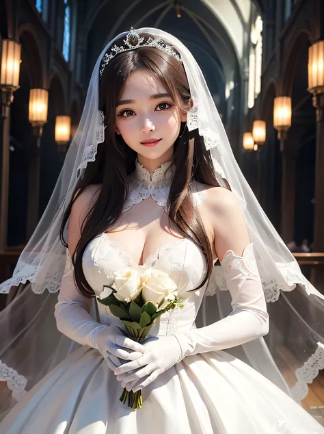 highest quality、masterpiece、fantasy、long hair、brown hair、cute woman、white skin、white skin、Transparency、church、indoor、Rose、Wedding dress、all lace dress、veil、tiara、thin eyebrows、Rounded face、happiness、big breasts、the light is soft、smile、white lace gloves、The...