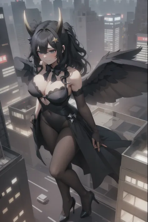 Aerial View，giant girl 50,000 feet high，Weight 1000kg，Has a pair of huge black angel wings，With huge devil horns on his head，Has waist-length black hair，loose hair，Big black wavy curls，Wearing a pair of black Mary Jane high heels，Black lace gloves，Black la...