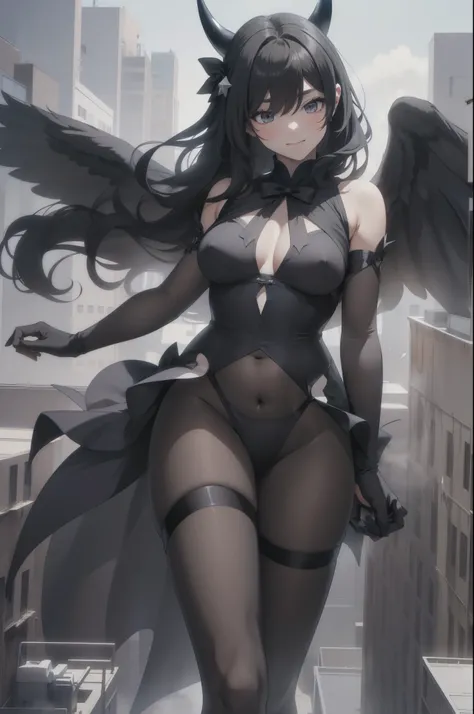 Aerial View，giant girl 50,000 feet high，Weight 1000kg，Has a pair of huge black angel wings，With huge devil horns on his head，Has waist-length black hair，loose hair，Big black wavy curls，Wearing a pair of black Mary Jane high heels，Black lace gloves，Black la...