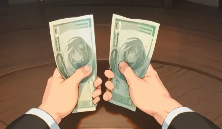 someone holding two bills in their hands on a table, screenshot from a 2012s anime, in the anime film, todays featured anime still, screenshot from guro anime, money sign pupils, screenshot from the anime film, sankakucomplex anime image, high - budget ani...