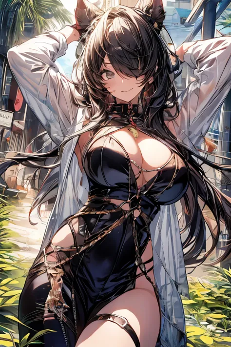 anime girl risque outfit yet cover skin, big breasts, posing for photoshoot, masterpiece, best quality, high quality, wearing sunglasses near nose, one eye open, smiling