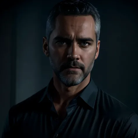 Create actor Jay Harrington as a criminal detective, short gray hair, short gray beard, low lighting in the image, profile photo style image, suspenseful atmosphere, movie photo style, serious and professional detective, dark black background image without...