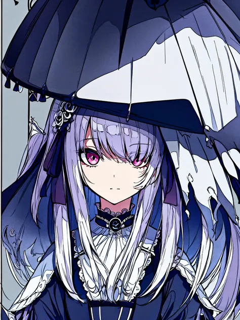 gothic atmosphere、Umbrella、white hair、floating、Poster style、cute background、whole body