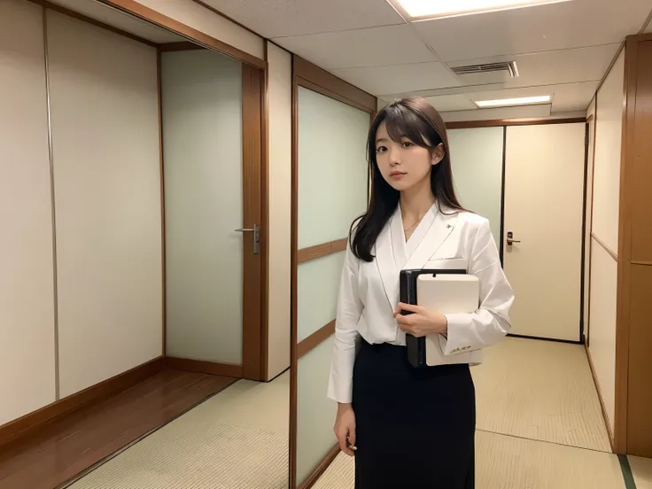 there is an office lady in a Japanese 现代简约的 office looking at the walls, 简约商务休闲着装，简约着装，there is a whiteboard on the wall, minimalist , japanese office, japanese lady, standing in the office looking at walls whiteball，现代装修办公室