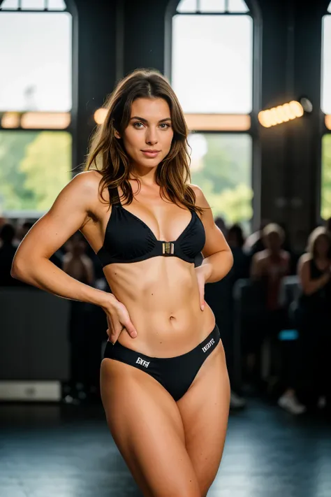 Full body recording, standing barefoot, ROH, analog, Nikon Z 85mm,((best quality)), ((Meisterwerk)), ((realistisch)), Fitness-Influencer, dunkel braune glatte lange Haare, she shows her toned feminine body, starke Beine, strong body, sie tanzt, kurvige San...