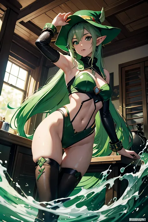 masterpiece, A girl with green hair and a green hat stands in the room, splash art, style art buds, elf girl, Renji Murata and Art Germ, Very warm, Bibby, art gelm style, style league of legends, Ruan Jia and Artgerm, art gelm style, ! dream art germ