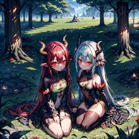 chibidragon, dal 3, dragon, dragon tail, dragon wings, dragon horns, landscape, nature, tree, grass, dappled light, red eyes,  c...