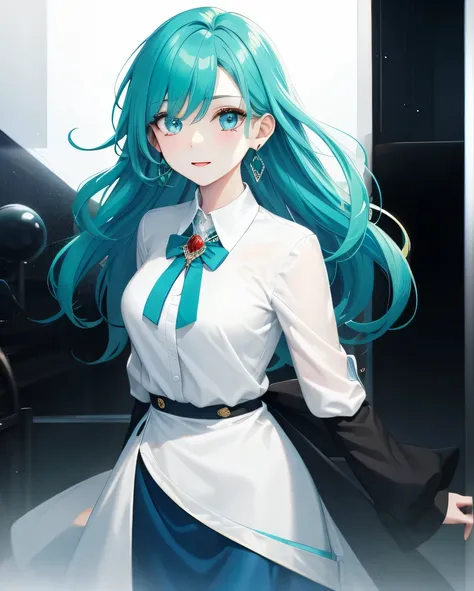 blue green hair、adult woman、white dress shirt、black long skirt、shining eyes、odd eye、Blue eye in left eye、The right eye is tolerant.、party venue、contrast,Red jewel-like earrings