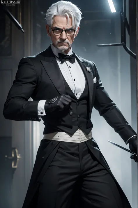 8K,An old butler with white hair and small glasses,Gray-haired short-haired,super handsome(like the real thing),butler with goat eyes,muscular body macho,angry expression,Black butler uniform,Butler costume,Cotton gloves,ultra high resolution,Super realist...