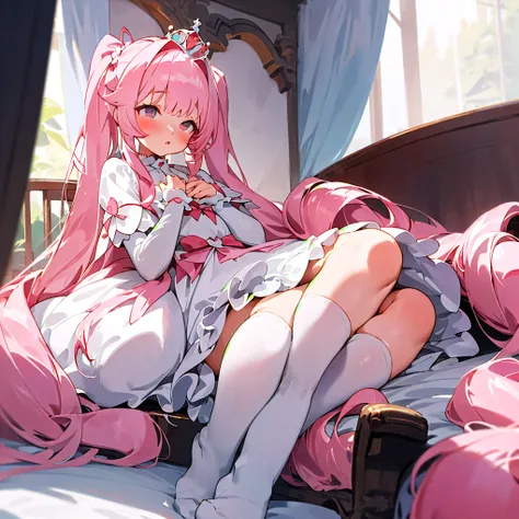 (masterpiece, best quality)，A little girl with pink hair sits on her knees on a large fluffy bed covered with white sheets，Hair tied into cute twintails，The hair is very long，The hair falls from the head to the ground，warm light，shy eyes，Wearing a cute and...