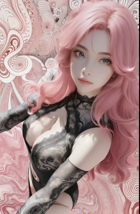 ((masterpiece:1.2, best quality)), super detailed, Super accurate depiction, super detailed的描绘, (Zentangle:1.2), (dynamic poses), (abstract background:1.5), wavy long hair, pink hair,A beautiful one-piece lace female figure, 1 Lace Girl, colorful, portrait...