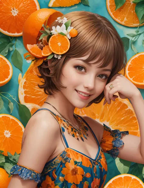 High definition, incredibly detailed, beautiful watercolor painting of a lively girl with an adorable smile, featuring short hair and adorned with orange accessories, surrounded by oranges and orange fruits, set against an orange background in a half-lengt...