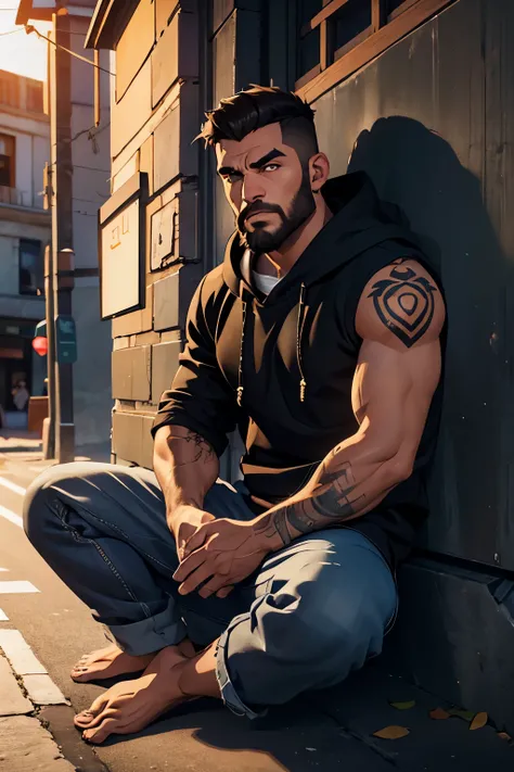 (best quality, highres), um homem de calcas, moletom, rugged look, barba longa, cabelo ruivo, tattoos on the left arm, barefoot, in an urban setting, contra uma parede de tijolos, soft lighting, Featured in Facial Expression, segurando as chamas, guerreiro...