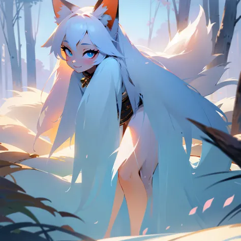 (best quality,ultra-detailed),(realistic:1.37),beautiful girl with nine white tails standing in the midst of a vast world,smiling shyly,red bells tied to her head,large captivating eyes,white fox ears,scenic landscape, ethereal atmosphere,soft sunlight fil...