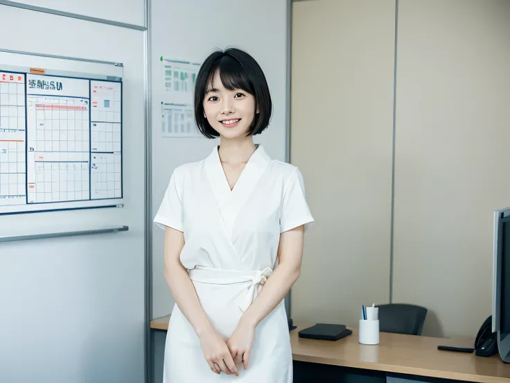 有一位Japan Office女士，Cute smile，Short hair with oblique bangs，In modern minimalist office，looking at the wall, Simple business casual attire，simple clothes，There is a whiteboard on the wall, minimalist , Japan Office, japanese lady, Standing in the office loo...