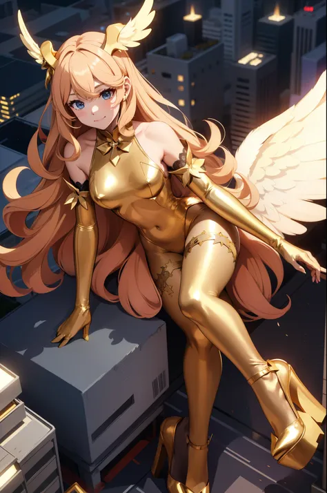 Aerial View，giant girl 50,000 feet high，Weight 1000kg，Has a pair of huge golden angel wings，With huge devil horns on his head，Has waist-length golden hair，loose hair，Big wavy blonde curls，Wearing a pair of gold Mary Jane heels，Gold lace gloves，gold lace pa...