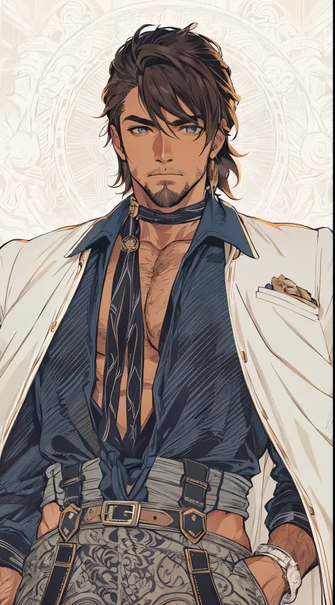 Handsome mature, brown hair, dark-tanned skin(body), bron eyes, beard (goat), white shirt, black jacket (rock style), detailed face, scarf, beautiful scenery, medieval city.