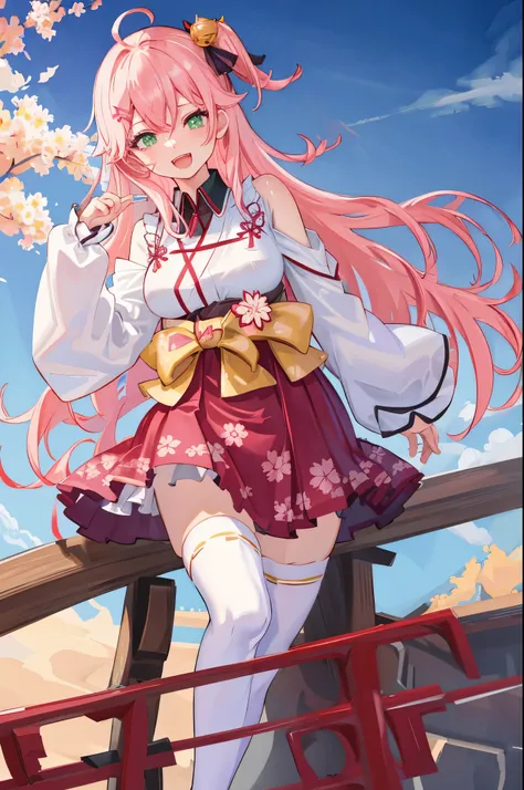 masterpiece, best quality, highres, sakura_miko, 1girl, (loli:1.3),medium_breasts, kimono, solo, ahoge, x_hair_ornament, pink_hair, floral print, hairclip,(side_less_clothes:1.3), (side_breasts:1.3), hair_bell, floral print, long_hair, hair between eyes, o...