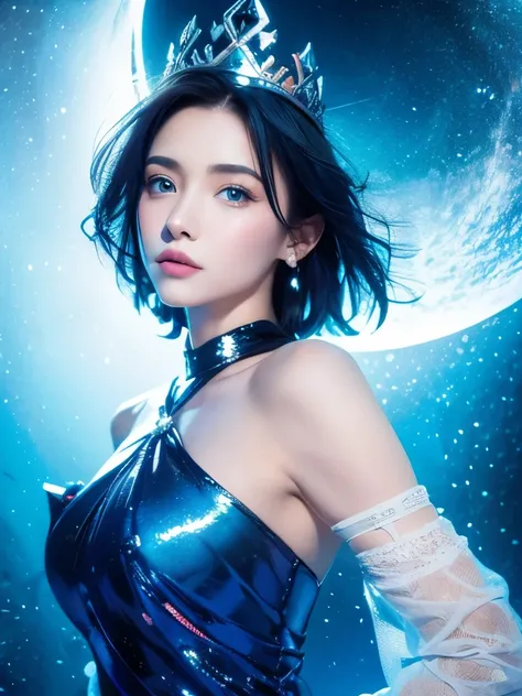 night, ((1 girl)), alone, masterpiece, 8k wallpaper, high resolution, ridiculous, High quality background, short hair, black hair, multi color hair, Beautiful frozen village, (full moon), 蓝色非常Transparent dress, Detailed dress, Transparent dress, (magic:1.2...