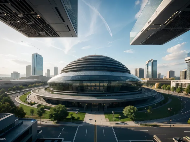 Create an image of a futuristic tech hub, inspired by the scale and design principles of Microsofts headquarters. The main building should exude modernity, featuring a combination of glass, steel, and advanced materials. Surround the campus with well-manic...