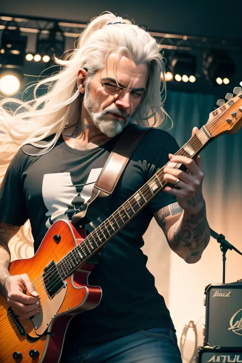 imagem realista de um guitarrista na faixa de 40 anos, loiro, cabeludo, well-marked face with expression lines, com tatuagens, flowing hair, usando camiseta preta, imagem com movimento, momento de riff, top do show, imagem real, efeitos de luzes