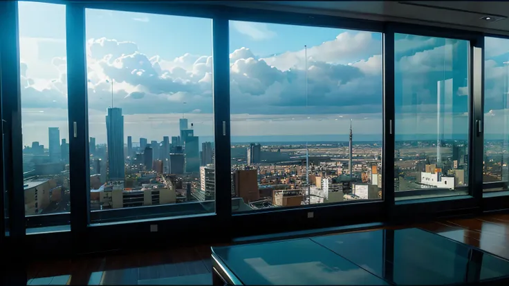 vista desde de una ventana hacia una ciudad ciberpunk, the room full of high tech stuff,