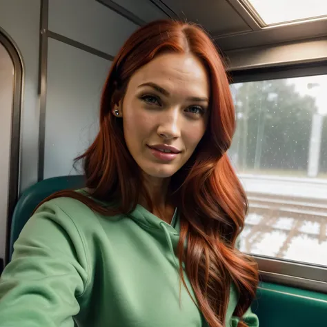 Eine Frau, 26 Jahre alt, with dyed red hair, Mischung aus 10% Megan Fox und 15% Gal Gadot und 20% Blake Lively, 172cm height, 68kg Gewicht, clear green eyes, lange Wimpern, perfekt geformte Augenbrauen, slim and well-defined body, curvy body, elegant thin ...