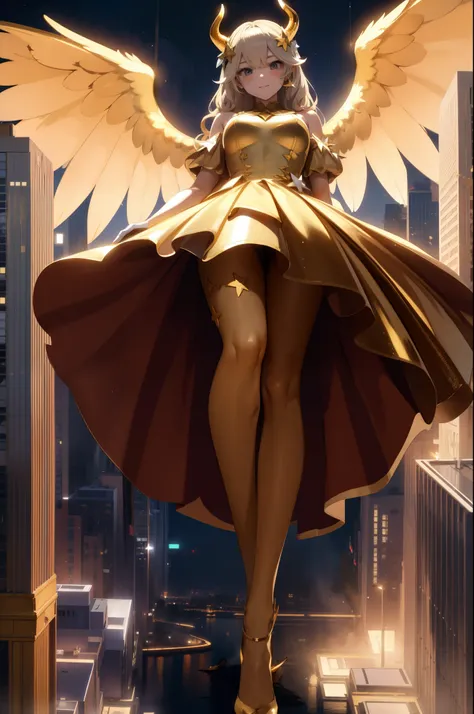 Aerial View,giant girl 50,000 feet high,Weight 1000kg,Has a pair of huge golden angel wings,With huge devil horns on his head,Has waist-length golden hair,loose hair,Big wavy blonde curls,Wearing a pair of gold Mary Jane heels,Gold lace gloves,gold lace pa...