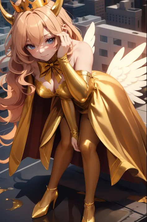 Aerial View，giant girl 50,000 feet high，Weight 1000kg，Has a pair of huge golden angel wings，With huge devil horns on his head，Has waist-length golden hair，loose hair，Big wavy blonde curls，Golden crown，Wearing a pair of gold Mary Jane heels，Gold lace gloves...