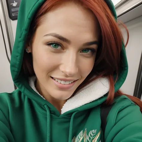 Eine Frau, 26 Jahre alt, with dyed red hair, Mischung aus 10% Megan Fox und 15% Gal Gadot und 20% Blake Lively, 172cm height, 68kg Gewicht, clear green eyes, lange Wimpern, perfekt geformte Augenbrauen, slim and well-defined body, curvy body, elegant thin ...