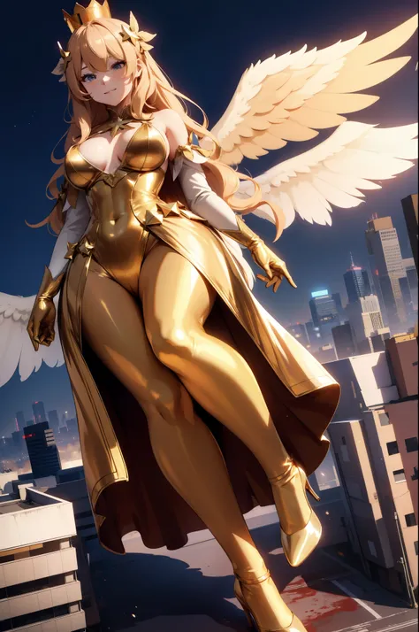 Aerial View，giant girl 50,000 feet high，Weight 1000kg，Has a pair of huge golden angel wings，With huge devil horns on his head，Has waist-length golden hair，loose hair，Big wavy blonde curls，Golden crown，Wearing a pair of gold Mary Jane heels，Gold lace gloves...