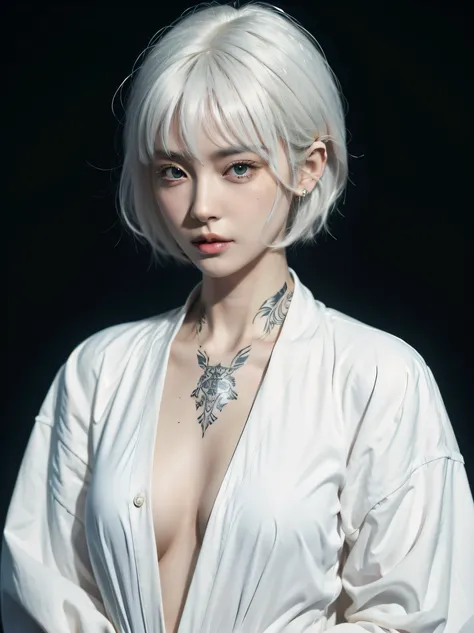 sing, beautiful, white hair, realistic, short hair, just, big breast, tattoo