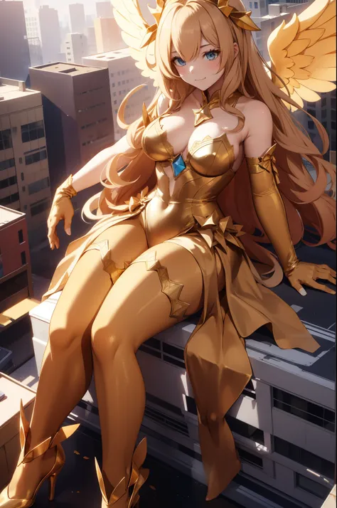 Aerial View，giant girl 50,000 feet high，Weight 1000kg，Has a pair of huge golden angel wings，With huge devil horns on his head，Has waist-length golden hair，loose hair，Big wavy blonde curls，Golden crown，Wearing a pair of gold Mary Jane heels，Gold lace gloves...