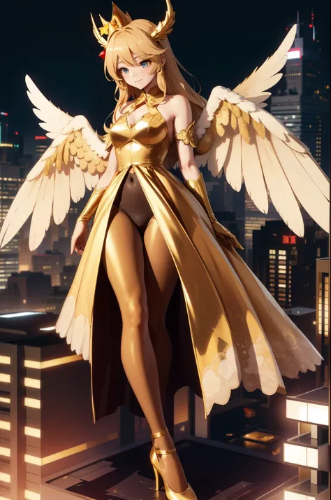 Aerial View，giant girl 50,000 feet high，Weight 1000kg，Has a pair of huge golden angel wings，With huge devil horns on his head，Has waist-length golden hair，loose hair，Big wavy blonde curls，Golden crown，Wearing a pair of gold Mary Jane heels，Gold lace gloves...