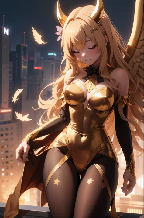 Aerial View，giant girl 50,000 feet high，Weight 1000kg，Has a pair of huge golden angel wings，With huge devil horns on his head，Has waist-length blond hair，loose hair，Blonde hair with big wavy curls，gold crown，Wearing a pair of gold Mary Jane high heels，Gold...