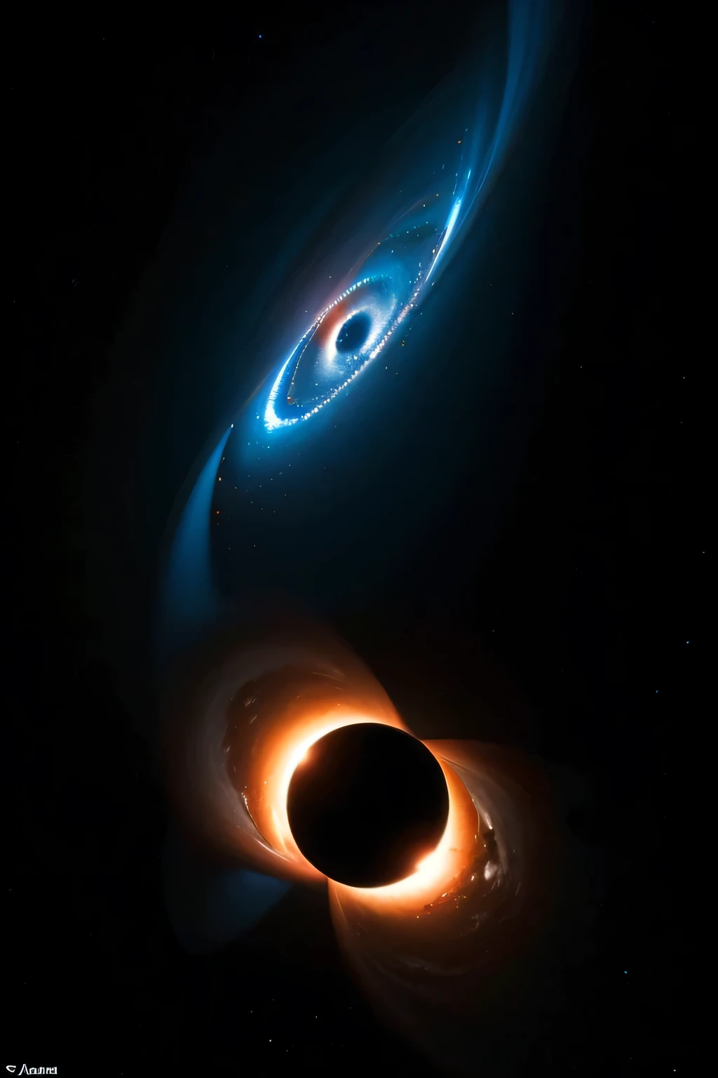 two blackholes, in one image. In the space one has a massive size with orange colour, and very far away the other blackhole with blue light with a medium size