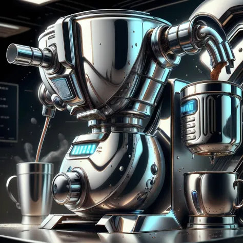 chrometech , scifi, metallic , chrome,
coffee machine , mug,