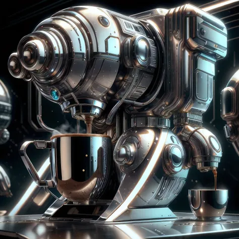 chrometech  , scifi, metallic , chrome,
coffee machine , mug,