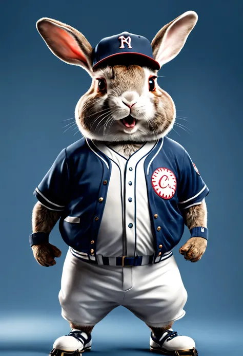 photorealistic portrait of Dressed animals - a fat rabbit baseball player,( dynamic action pose), high quality,(lovely) ,intricate details, highly detailed ((baseball uniform)) ,highly detailed baseball cap, wearing sunglasses, (happy), studio lighting,(fu...