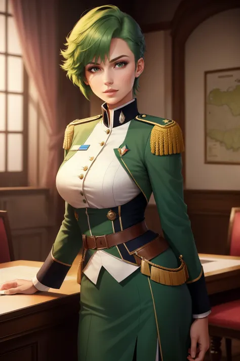 Frederica Greenhill, a 25-year-old female lieutenant and adjutant with short, vibrant green hair, stands confidently before a map table, deep in thought. She is known for her quick Strategic mind and ability to find efficient shortcuts. Her uniform is ador...