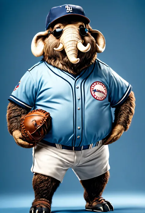 photorealistic portrait of Dressed animals - a fat mammoth baseball player,( dynamic action pose), high quality,(lovely) ,intricate details, highly detailed ((baseball uniform)) ,highly detailed baseball cap, wearing sunglasses, (happy), studio lighting,(f...