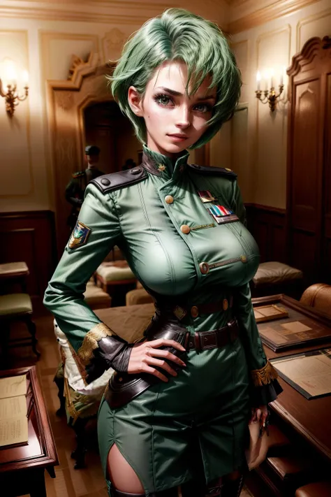 Frederica Greenhill, a 25-year-old female lieutenant and adjutant with short, vibrant green hair, stands confidently before a map table, deep in thought. She is known for her quick Strategic mind and ability to find efficient shortcuts. Her uniform is ador...