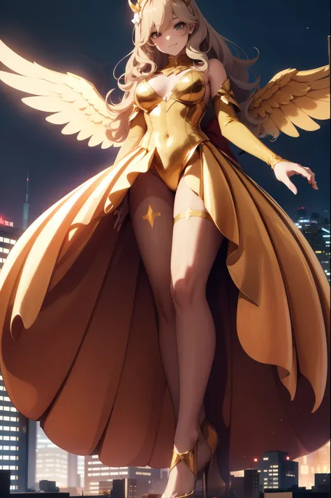 Aerial View，giant girl 50,000 feet high，Weight 1000kg，Has a pair of huge golden angel wings，With huge devil horns on his head，Has waist-length golden hair，loose hair，Big wavy blonde curls，Golden crown，Wearing a pair of gold Mary Jane heels，Gold lace gloves...