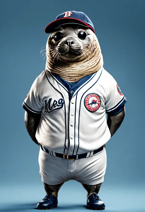 photorealistic portrait of Dressed animals - a fat seal baseball player,( dynamic action pose), high quality,(lovely) ,intricate details, highly detailed ((baseball uniform)) ,highly detailed baseball cap, wearing sunglasses, (happy), studio lighting,(full...