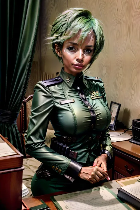 Frederica Greenhill, 25 years old, lieutenant, adjutant, shortcut, green hair,
on the phone at the desk