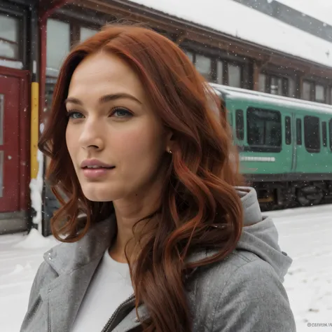 1 girl next door with dyed long red hair, Mischung aus 10% Megan Fox und 15% Gal Gadot und 20% Blake Lively, 172cm height, 68kg Gewicht, weiches, lockiges, intensiv langes rotes Haar, clear green eyes, lange dunkelschwarze Wimpern, perfekt geformte dunkels...