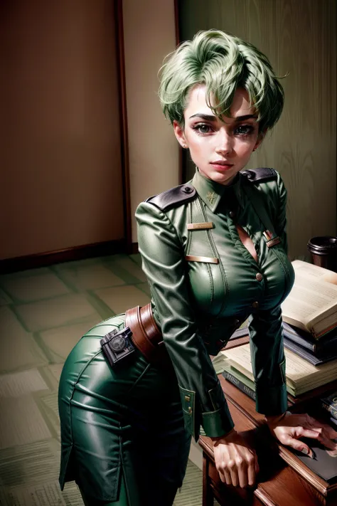 Frederica Greenhill, 25 years old, lieutenant, adjutant, shortcut, green hair,
Serving visitors at the desk