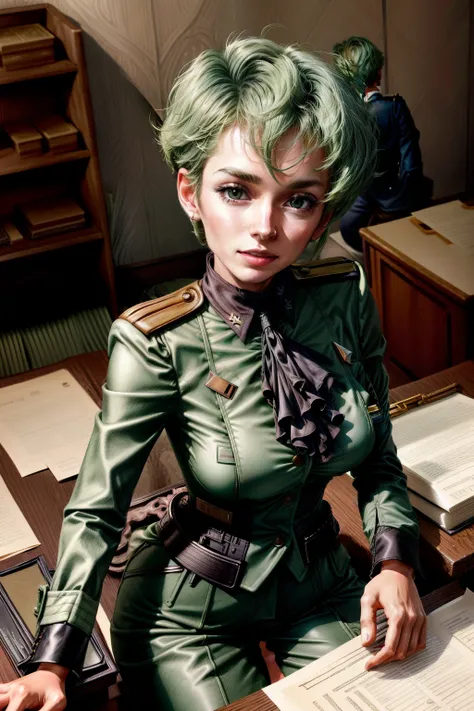 Frederica Greenhill, 25 years old, lieutenant, adjutant, shortcut, green hair,
Serving visitors at the desk